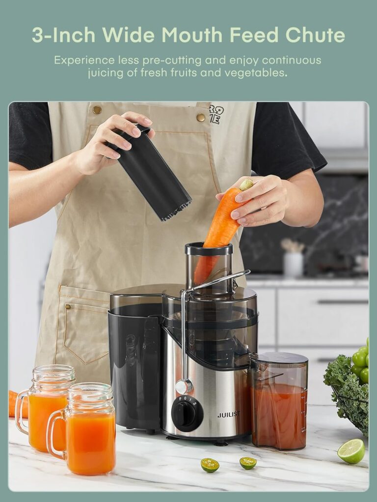 Juicer Machines Juilist, Centrifugal Juicers Whole Fruit and Vegetable with 3 Speed Setting, Big Mouth Large 65MM Feed Chute Juice Extractor Machine, Easy to Clean, Stainless Steel, BPA Free, (silver)