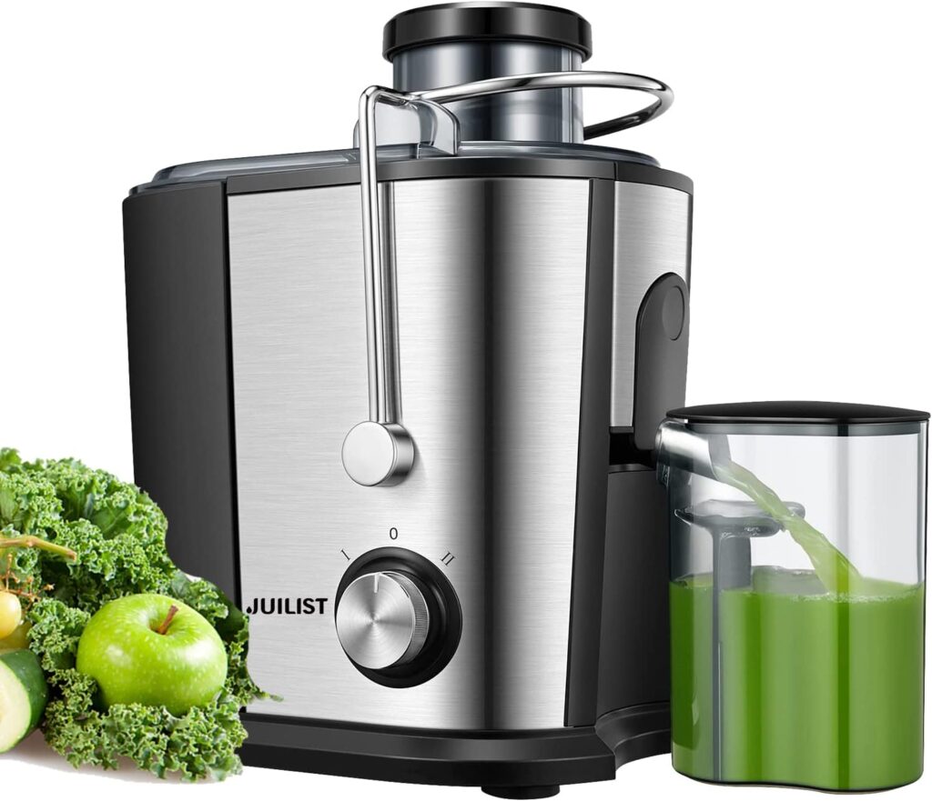 Juilist Juicer, 600W Juicer Machines with Anti-drip Anti-slip Function, Juicers Whole Fruit and Vegetable with 3-Inch Wide Mouth Food Chute, 2 Speeds, Recipe Included, Easy to Clean [Energy Class A+++]