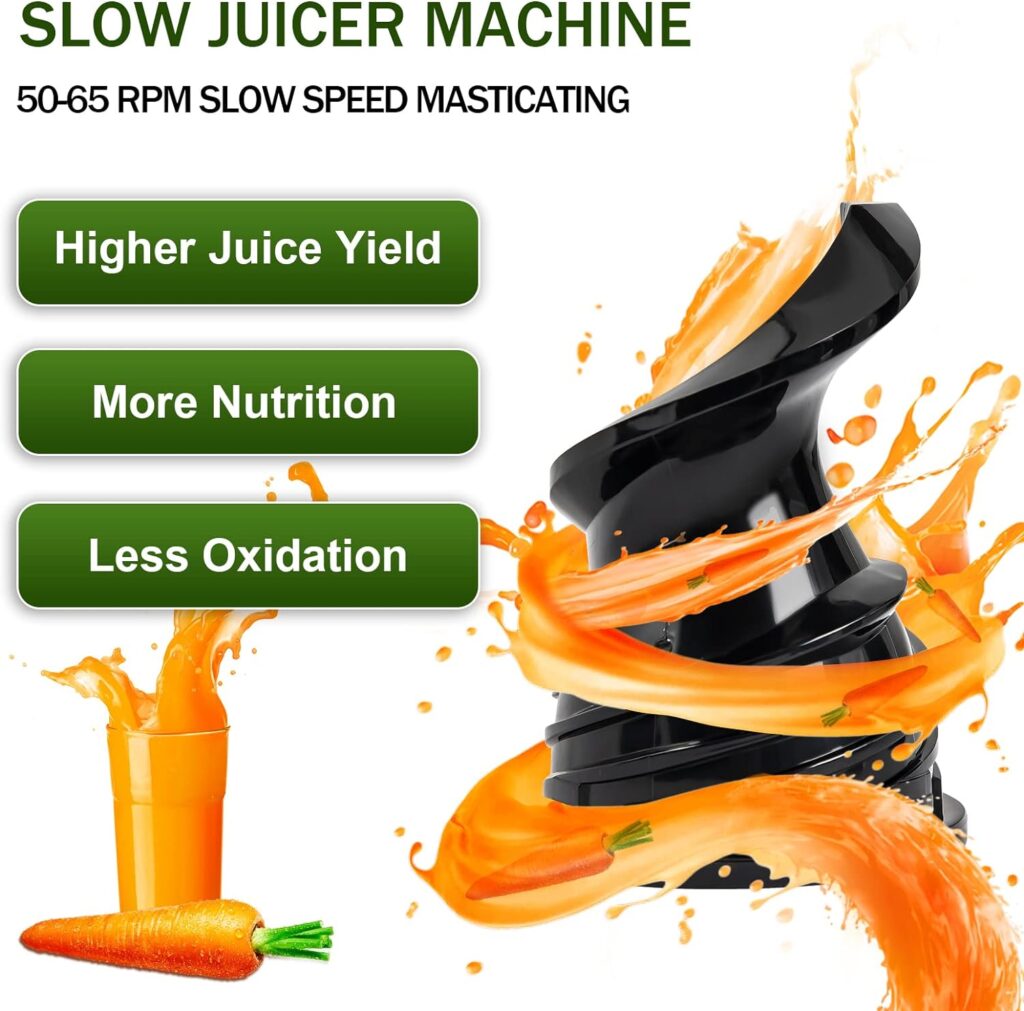 Masticating Juicer Machine for Whole Fruits and Vegetables, Cold Press Slow Juicer with Wide Mouth 80mm Feeding Chute, Reverse Function Quiet Motor Fresh Healthy Juice Extractor