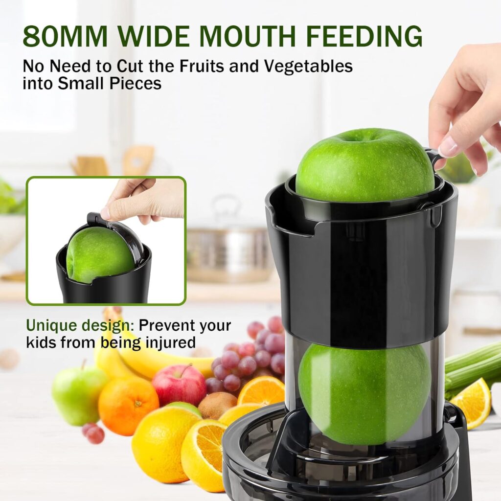 Masticating Juicer Machine for Whole Fruits and Vegetables, Cold Press Slow Juicer with Wide Mouth 80mm Feeding Chute, Reverse Function Quiet Motor Fresh Healthy Juice Extractor