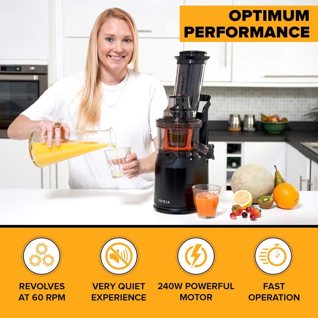 Powerful Masticating Juicer for Whole Fruits and Vegetables, Fresh Healthy Juice, Sorbet, Ice Cream, Wide Mouth 75mm Feeding Chute, BPA Free, 240-Watt, Cold Press, Black Stainless Steel Fridja f1900