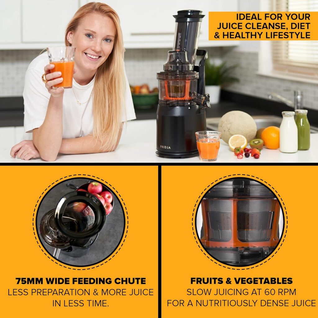 Powerful Masticating Juicer for Whole Fruits and Vegetables, Fresh Healthy Juice, Sorbet, Ice Cream, Wide Mouth 75mm Feeding Chute, BPA Free, 240-Watt, Cold Press, Black Stainless Steel Fridja f1900