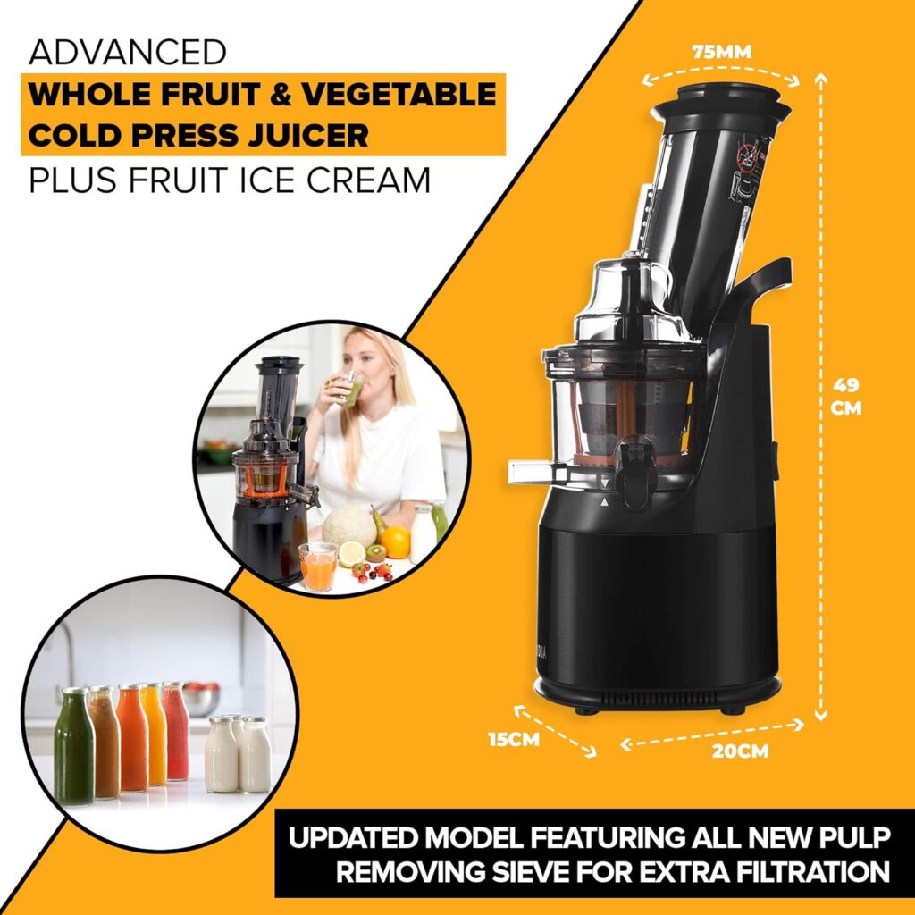 Powerful Masticating Juicer for Whole Fruits and Vegetables, Fresh Healthy Juice, Sorbet, Ice Cream, Wide Mouth 75mm Feeding Chute, BPA Free, 240-Watt, Cold Press, Black Stainless Steel Fridja f1900