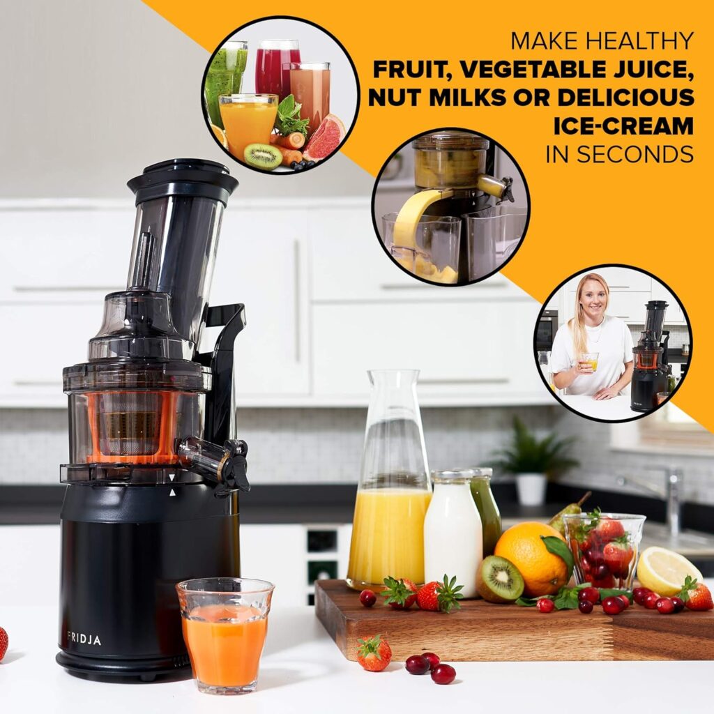 Powerful Masticating Juicer for Whole Fruits and Vegetables, Fresh Healthy Juice, Sorbet, Ice Cream, Wide Mouth 75mm Feeding Chute, BPA Free, 240-Watt, Cold Press, Black Stainless Steel Fridja f1900