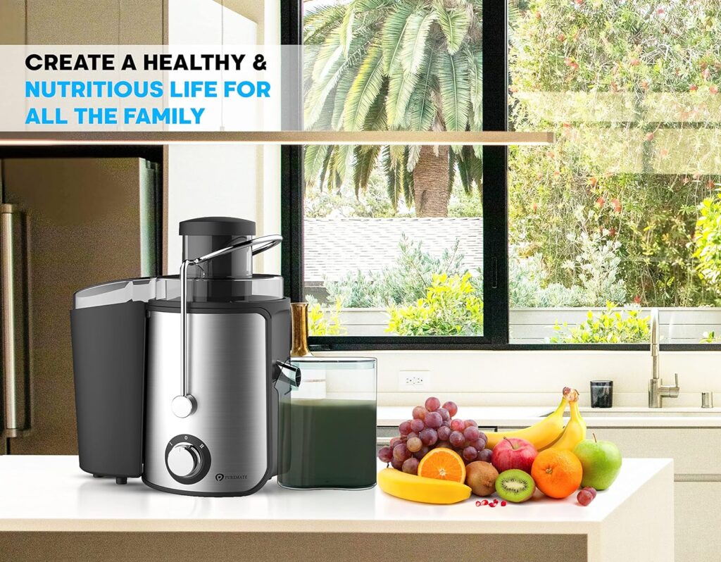 PureMate Juicer Machines, 600W Whole Fruit and Vegetable Juice Extractor, Centrifugal Juicer Machine, Stainless Steel Juicer with Two Speed Settings, BPA-Free, Easy Clean