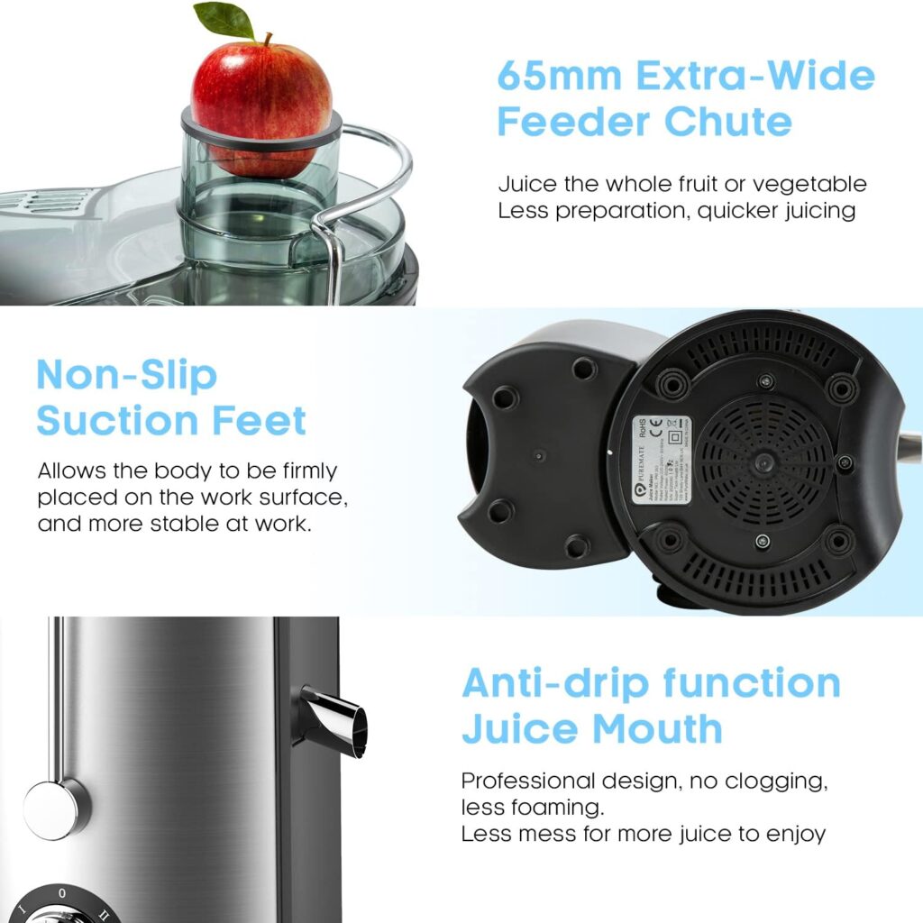 PureMate Juicer Machines, 600W Whole Fruit and Vegetable Juice Extractor, Centrifugal Juicer Machine, Stainless Steel Juicer with Two Speed Settings, BPA-Free, Easy Clean