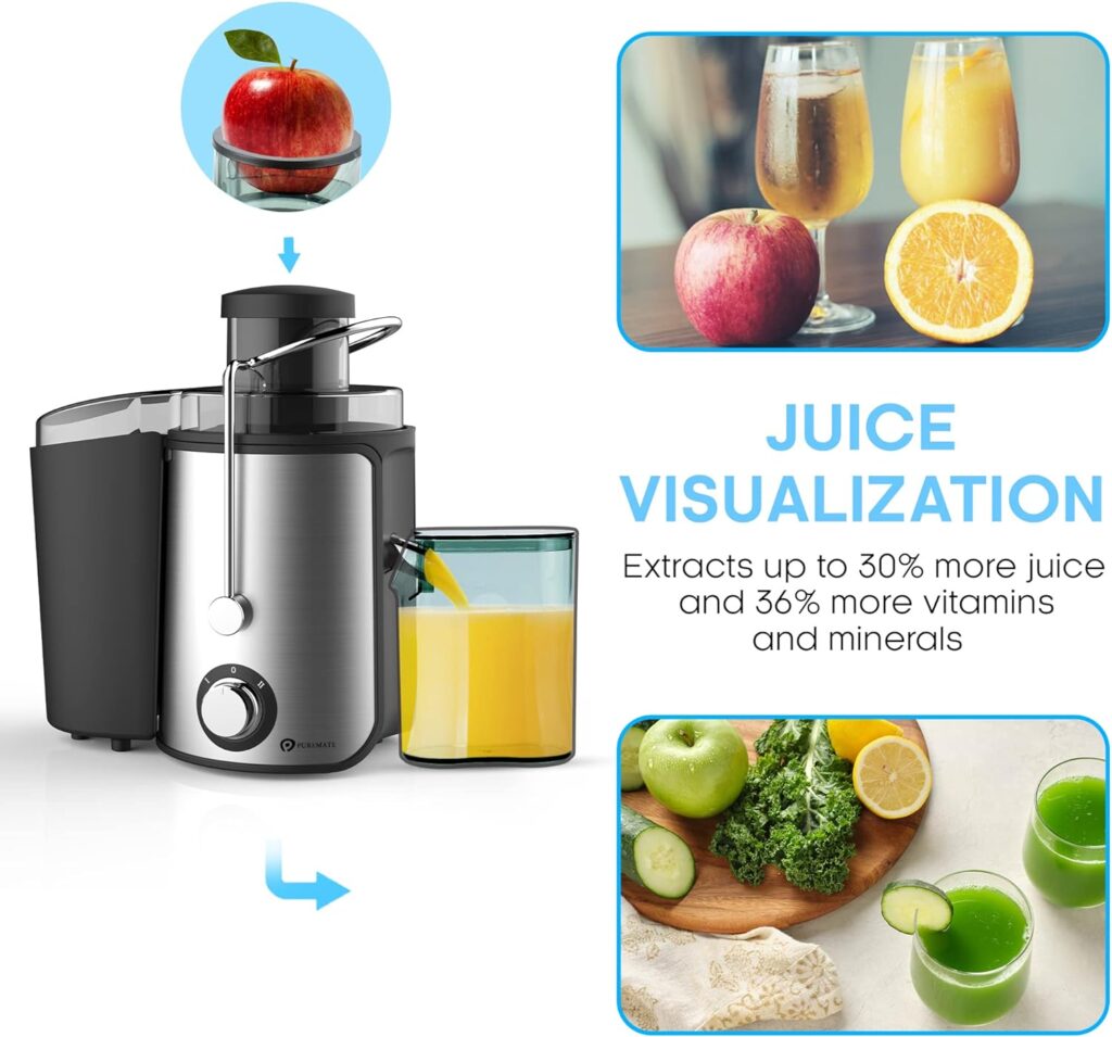 PureMate Juicer Machines, 600W Whole Fruit and Vegetable Juice Extractor, Centrifugal Juicer Machine, Stainless Steel Juicer with Two Speed Settings, BPA-Free, Easy Clean