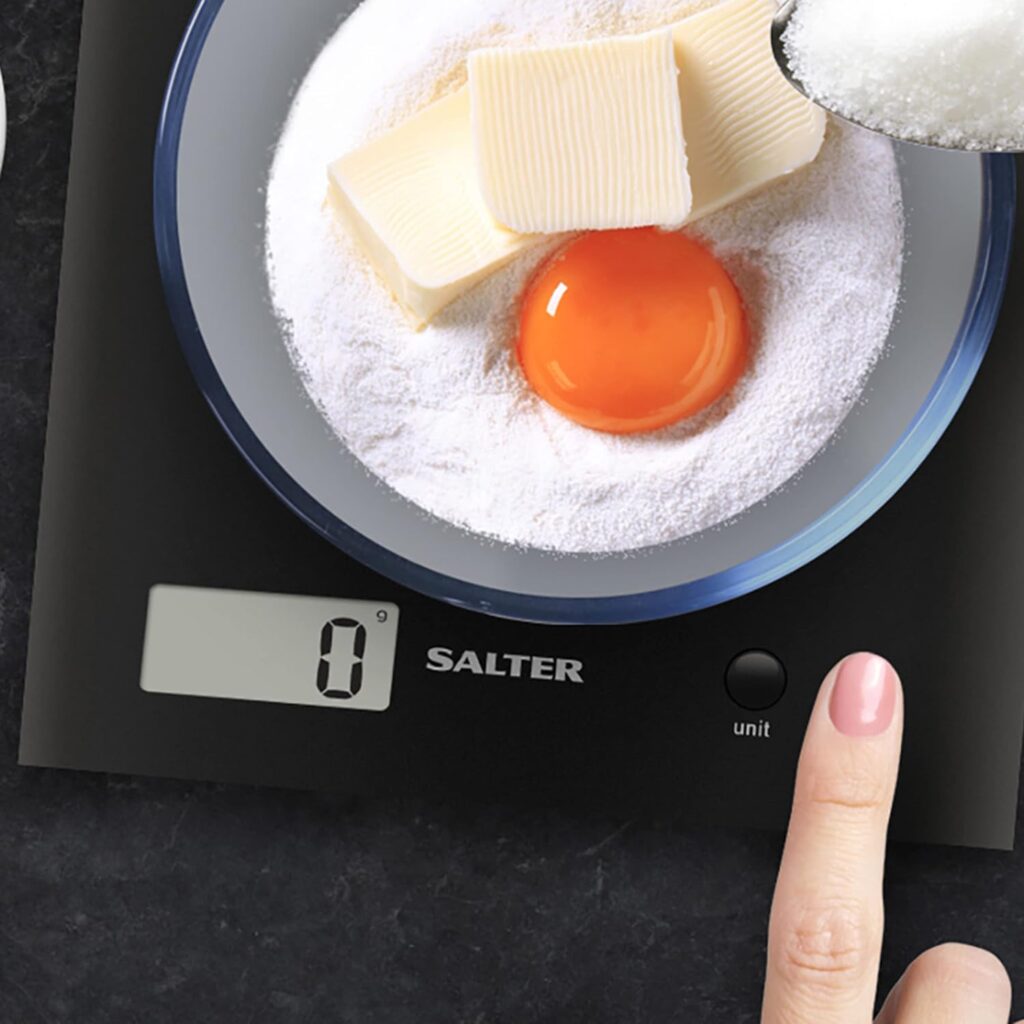 Salter 1066 BKDR15 Arc Kitchen Scale For Food Weighing Precise Cooking/Baking, Slim Platform for Compact Storage, Add Weigh/Tare Function, Digital, 3kg Capacity, Battery Included, Black