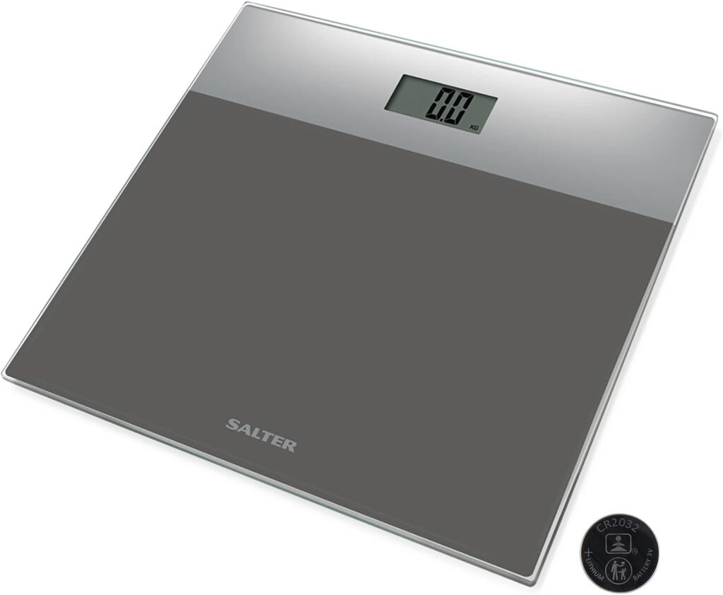 Salter 9206 SVSV3R Digital Bathroom Scale, Toughened Glass Platform Electronic Scales, Easy Read LCD Display, Step On Activation, Max. Weight 180 KG/400 lbs, 15-Year Guarantee, Silver/Grey
