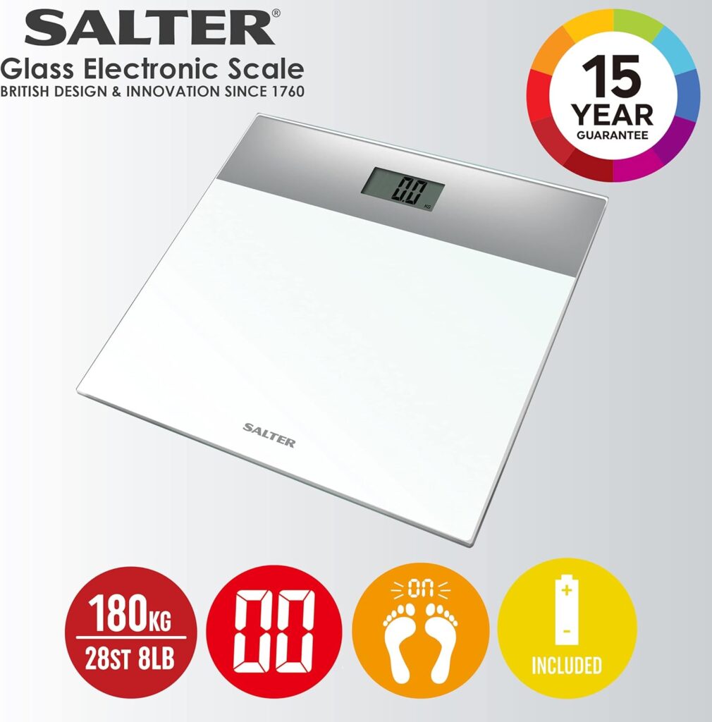 Salter 9206 SVSV3R Digital Bathroom Scale, Toughened Glass Platform Electronic Scales, Easy Read LCD Display, Step On Activation, Max. Weight 180 KG/400 lbs, 15-Year Guarantee, Silver/Grey