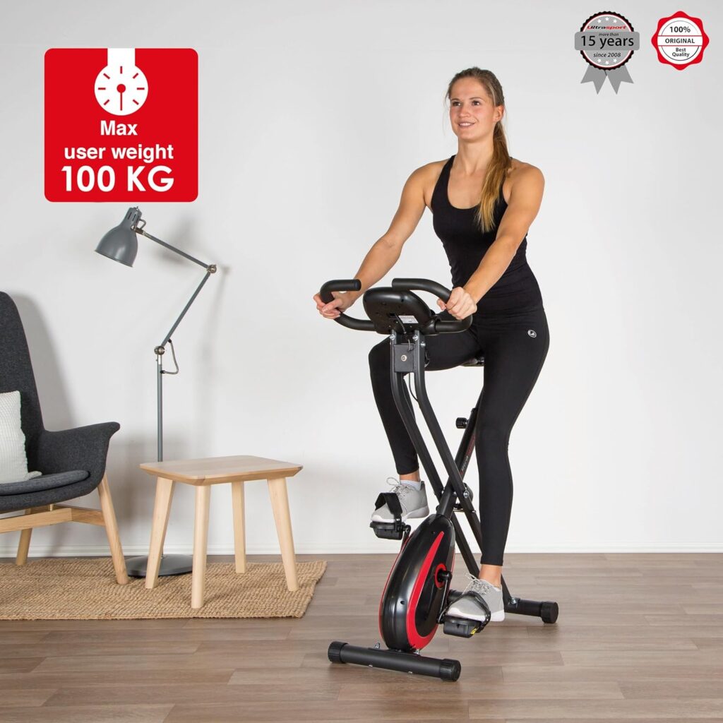 Ultrasport F-Bike, F-Rider Basics, bike trainer, exercise bike, folding exercise bike, LCD display, hand pulse sensors, adjustable resistance levels, easy to assemble, ideal for athletes and seniors