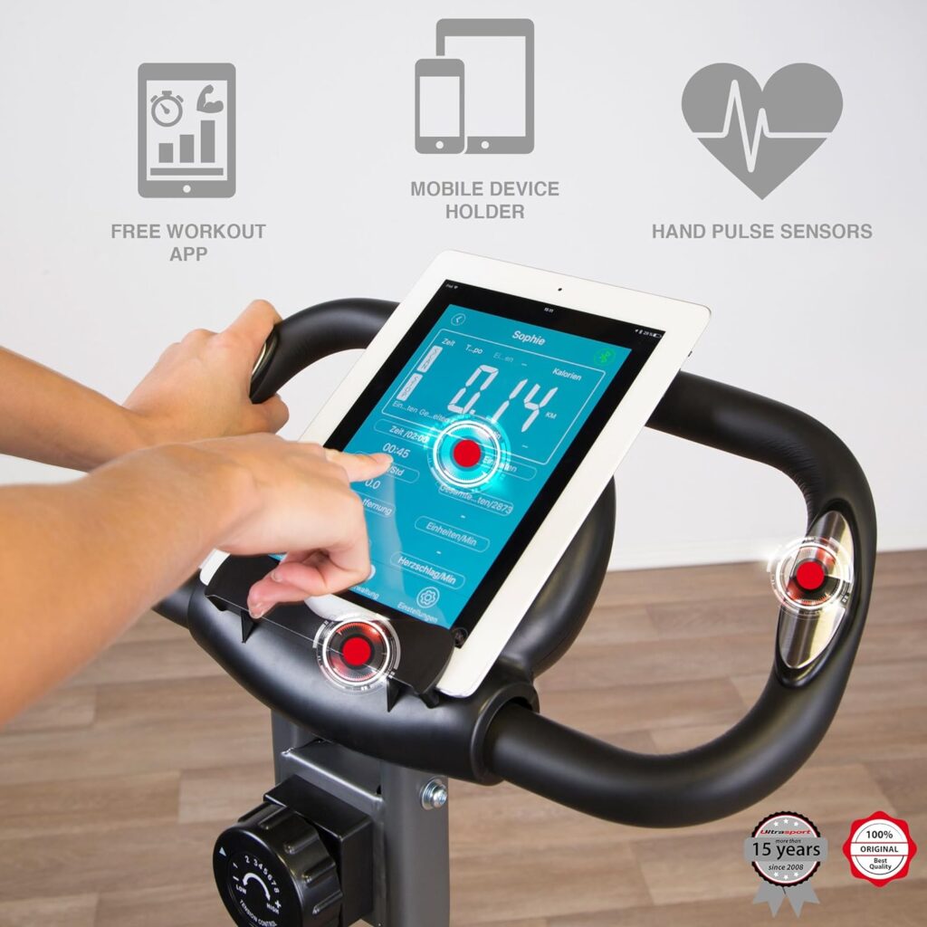 Ultrasport F-Bike, F-Rider Basics, bike trainer, exercise bike, folding exercise bike, LCD display, hand pulse sensors, adjustable resistance levels, easy to assemble, ideal for athletes and seniors