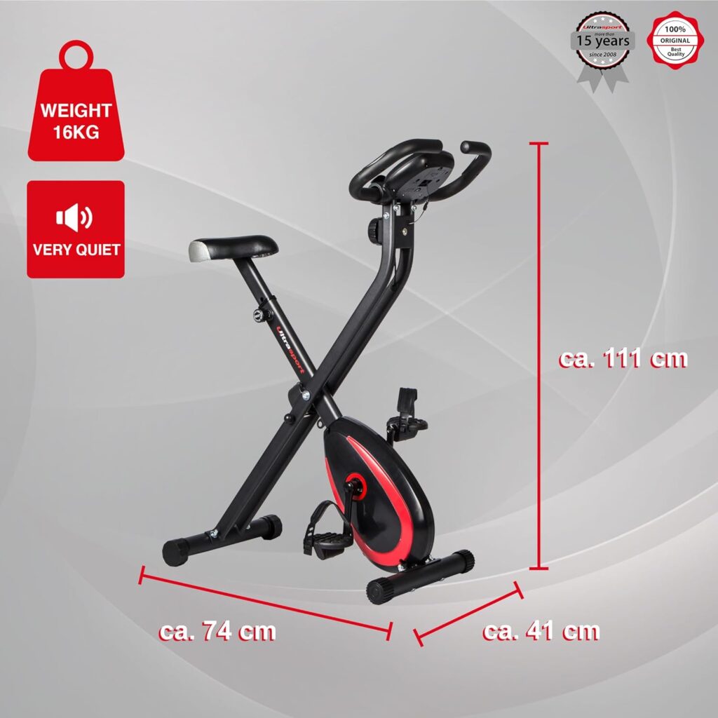 Ultrasport F-Bike, F-Rider Basics, bike trainer, exercise bike, folding exercise bike, LCD display, hand pulse sensors, adjustable resistance levels, easy to assemble, ideal for athletes and seniors