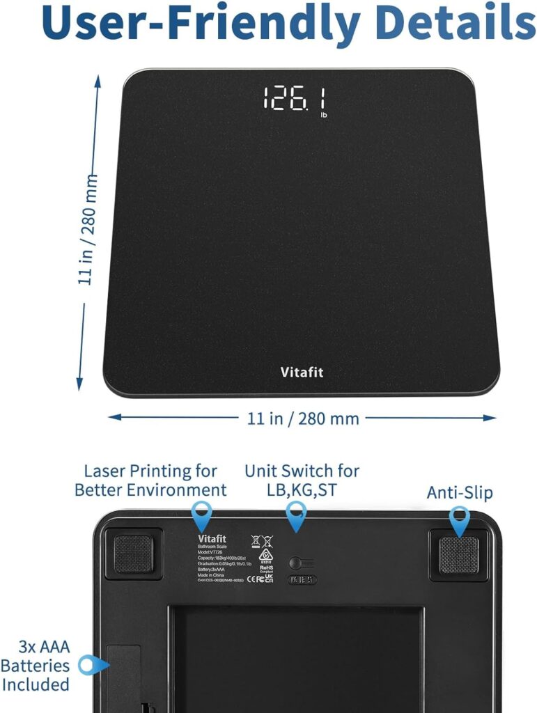 Vitafit Digital Bathroom Scales for Body Weight, Weighing Professional Since 2001, Clear LED Display and Step-On, 3*AAA Batteries Included,28st/400lb/180kg, Spray Silver Black