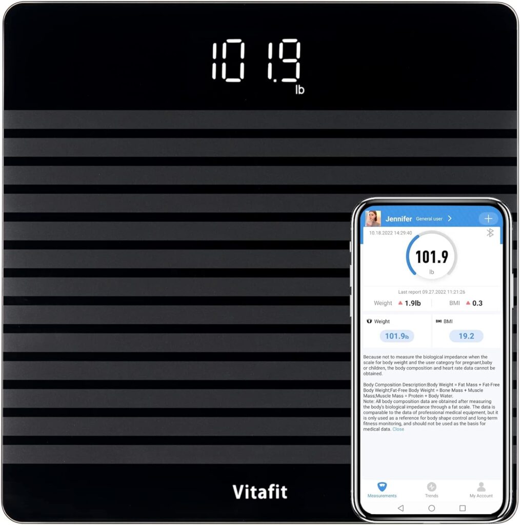 Vitafit Smart Digital Body Weight Bathroom Scale for Weighing and BMI via Smartphone App, Anti-Slip Safety Design, Clear LED Display and Batteries Included, Black