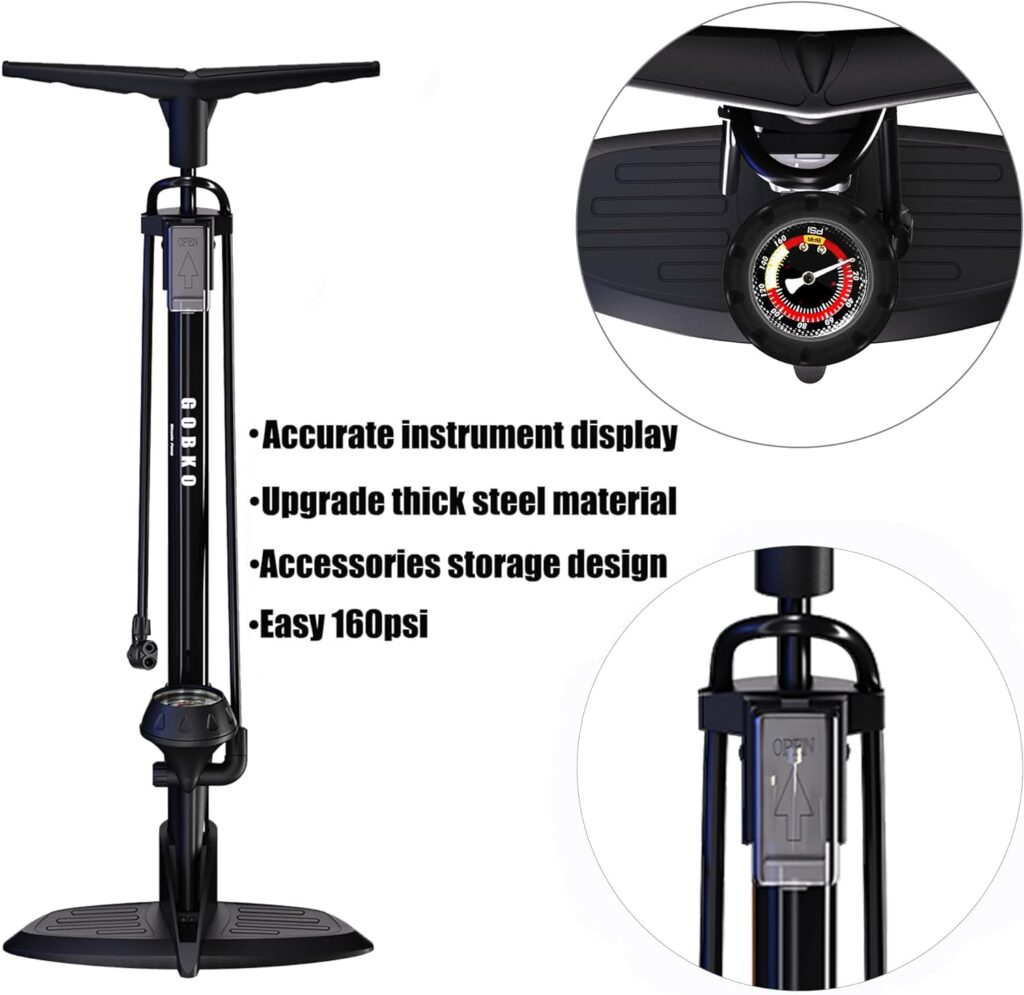 Bike Floor Pump with Gauge,GOBKO Floor Bicycle Pump with Both Presta and Schrader Bicycle Pumps Valves High Pressure 170Psi Multi-purpose Portable Air Pump for Road Bike MTB Sports balls