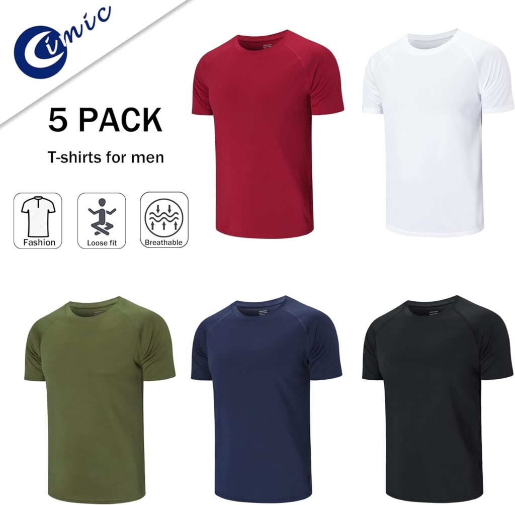 Cimic 5/3 Pack Running Top Men Casual Crew Neck Shirts Workout Plain Dry Fit Gym Top Moisture Wicking Active Athletic Shirts Short Sleeve Sport Tops