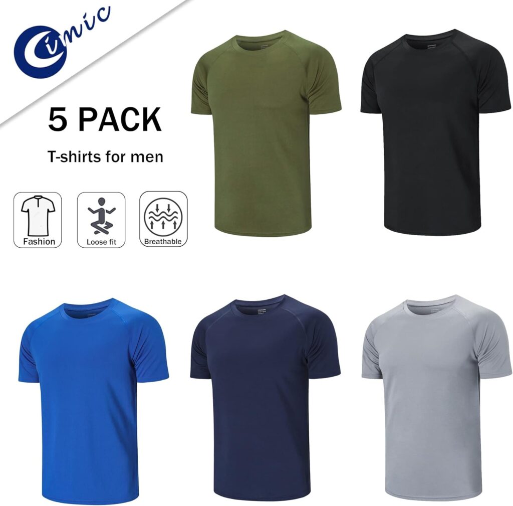 Cimic 5/3 Pack Running Top Men Casual Crew Neck Shirts Workout Plain Dry Fit Gym Top Moisture Wicking Active Athletic Shirts Short Sleeve Sport Tops