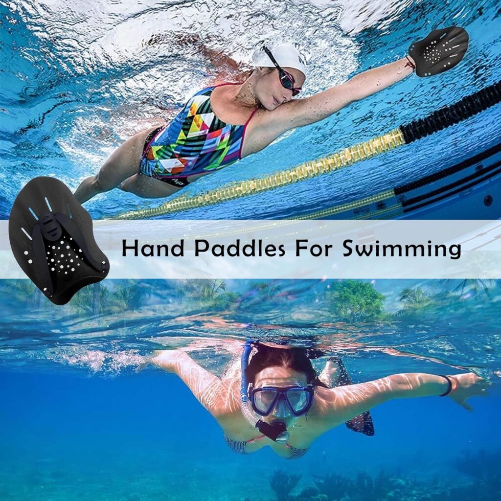 Hand Paddles For Swimming, Equipment and Kit for Training aid in Pool with Adjustable Straps, Adult and Junior Swimming Paddles Exercise Equipment Accessories for Novice and Professional Use (Black)