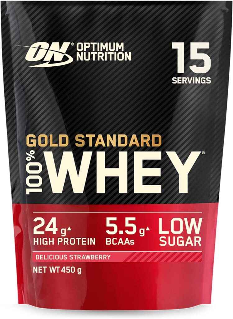 Optimum Nutrition Gold Standard 100% Whey Muscle Building and Recovery Protein Powder With Naturally Occurring Glutamine and BCAA Amino Acids, Delicious Strawberry Flavour, 15 Servings, 450 g