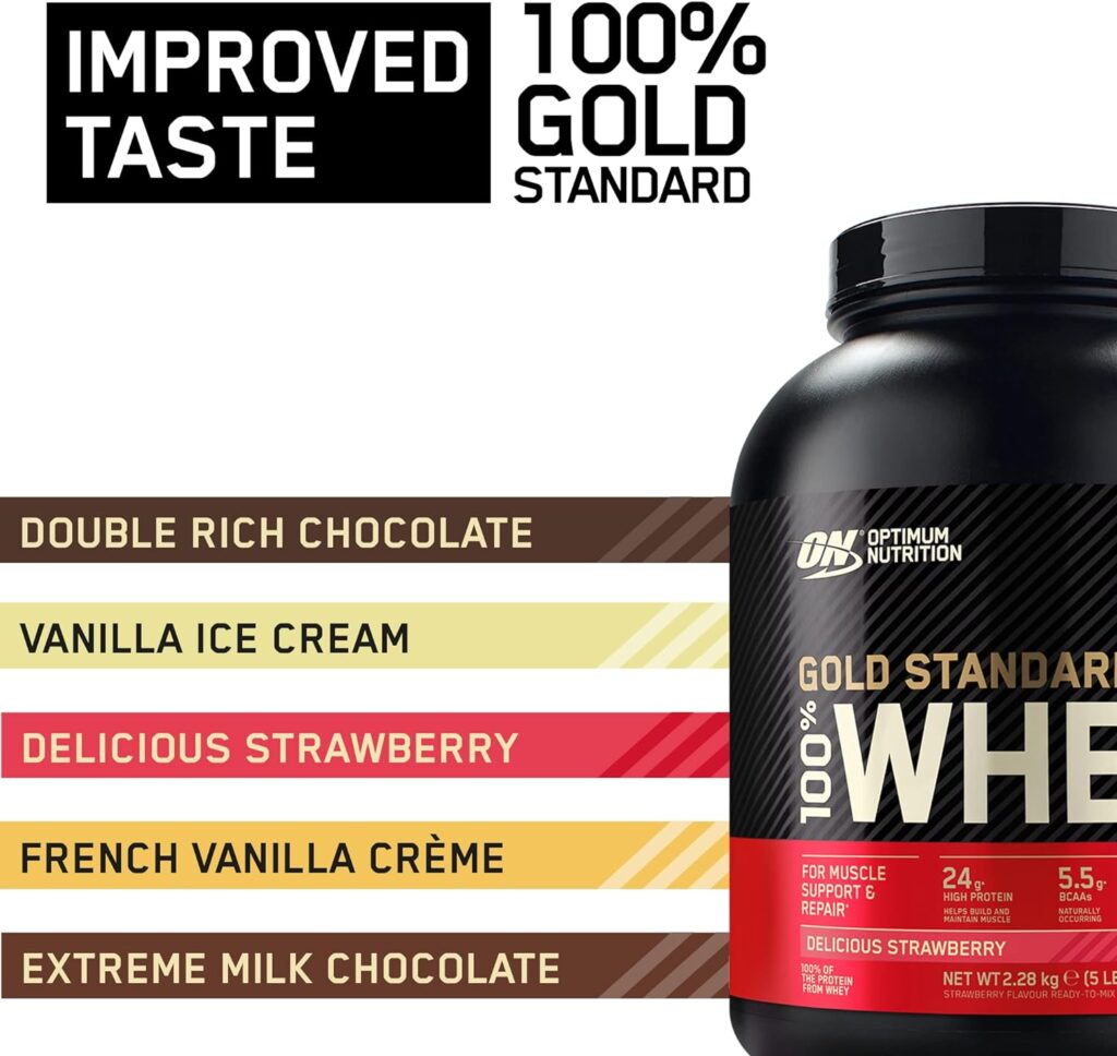 Optimum Nutrition Gold Standard 100% Whey Muscle Building and Recovery Protein Powder With Naturally Occurring Glutamine and BCAA Amino Acids, Delicious Strawberry Flavour, 15 Servings, 450 g