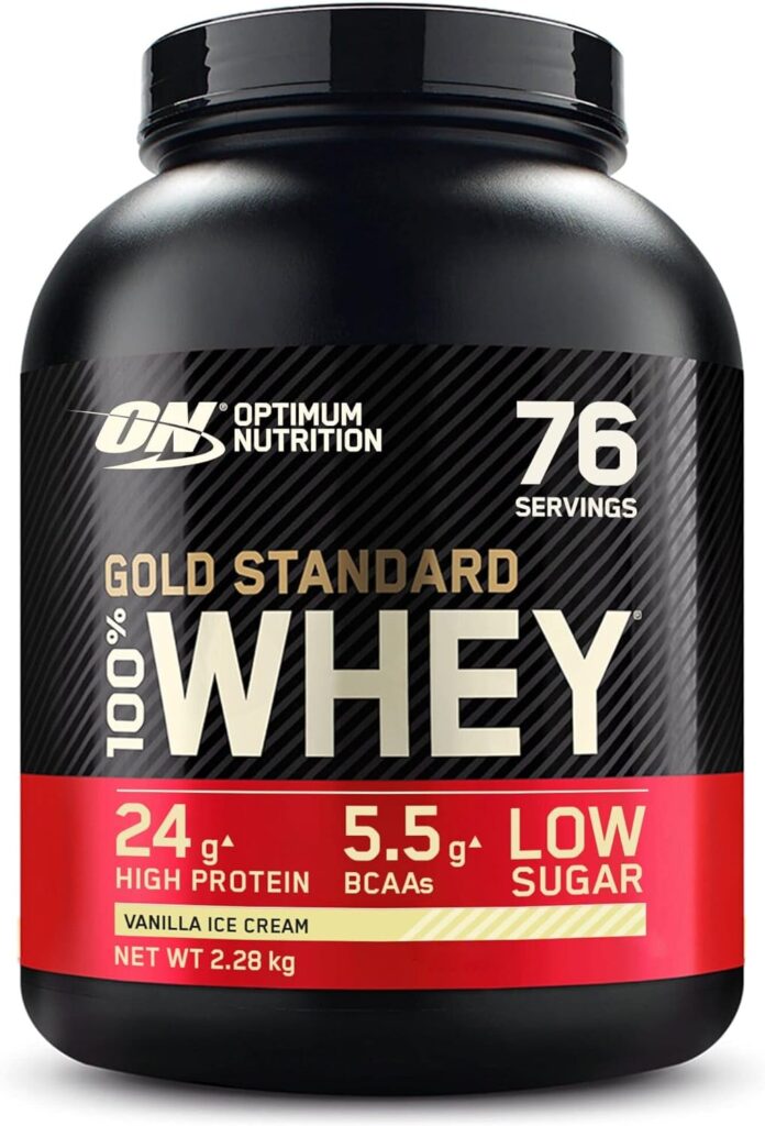 Optimum Nutrition Gold Standard 100% Whey Muscle Building and Recovery Protein Powder With Naturally Occurring Glutamine and BCAA Amino Acids, Vanilla Ice Cream Flavour, 76 Servings, 2.28 kg