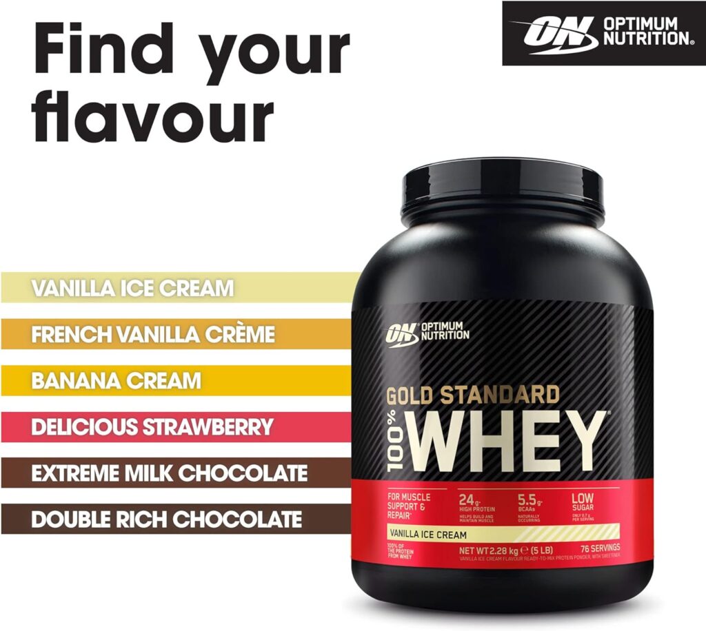 Optimum Nutrition Gold Standard 100% Whey Muscle Building and Recovery Protein Powder With Naturally Occurring Glutamine and BCAA Amino Acids, Vanilla Ice Cream Flavour, 76 Servings, 2.28 kg