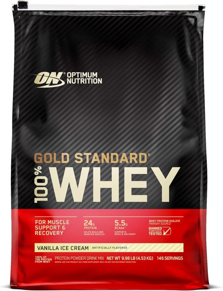 Optimum Nutrition Gold Standard 100% Whey Muscle Building and Recovery Protein Powder With Naturally Occurring Glutamine and BCAA Amino Acids, Vanilla Ice Cream Flavour, 151 Servings, 4.53 kg