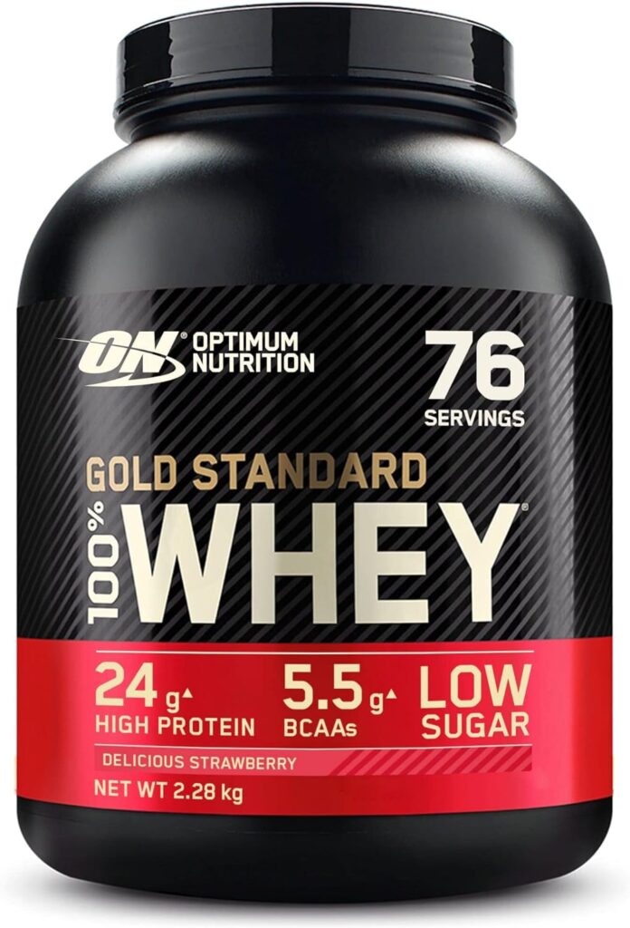 Optimum Nutrition Gold Standard 100% Whey Muscle Building and Recovery Protein Powder With Naturally Occurring Glutamine and BCAA Amino Acids, Delicious Strawberry Flavour, 76 Servings, 2.28 kg