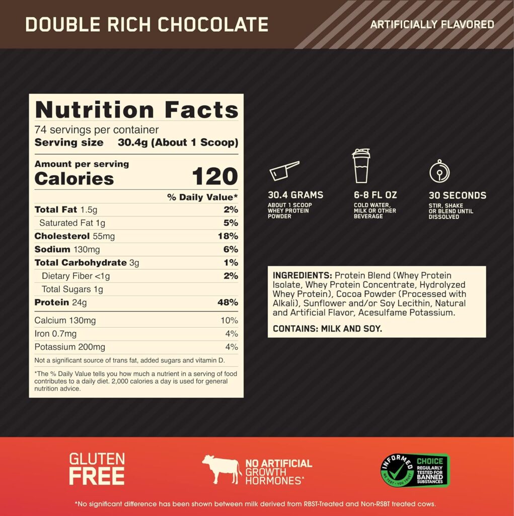 Optimum Nutrition Gold Standard Whey Muscle Building and Recovery Protein Powder With Naturally Occurring Glutamine and Amino Acids, Double Rich Chocolate, 73 Servings, 2.26kg, Packaging May Vary