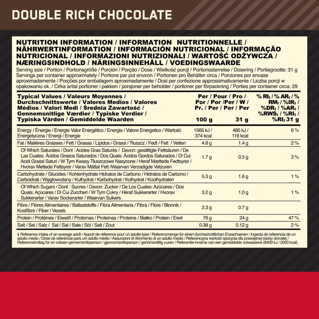 Optimum Nutrition Gold Standard Whey Protein, Muscle Building Powder with Naturally Occurring Glutamine and Amino Acids, Double Rich Chocolate, 29 Servings, 899 g, Packaging May Vary