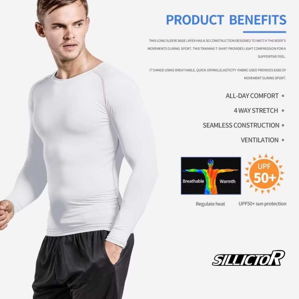 Sillictor Mens Compression Base Layer Top Quick Dry Long Sleeve Running Top Mens UPF 50+ Sports Underlayer for Ski Golf Cycling Hiking Football,Breathable Moisture Wicking Muscle Support