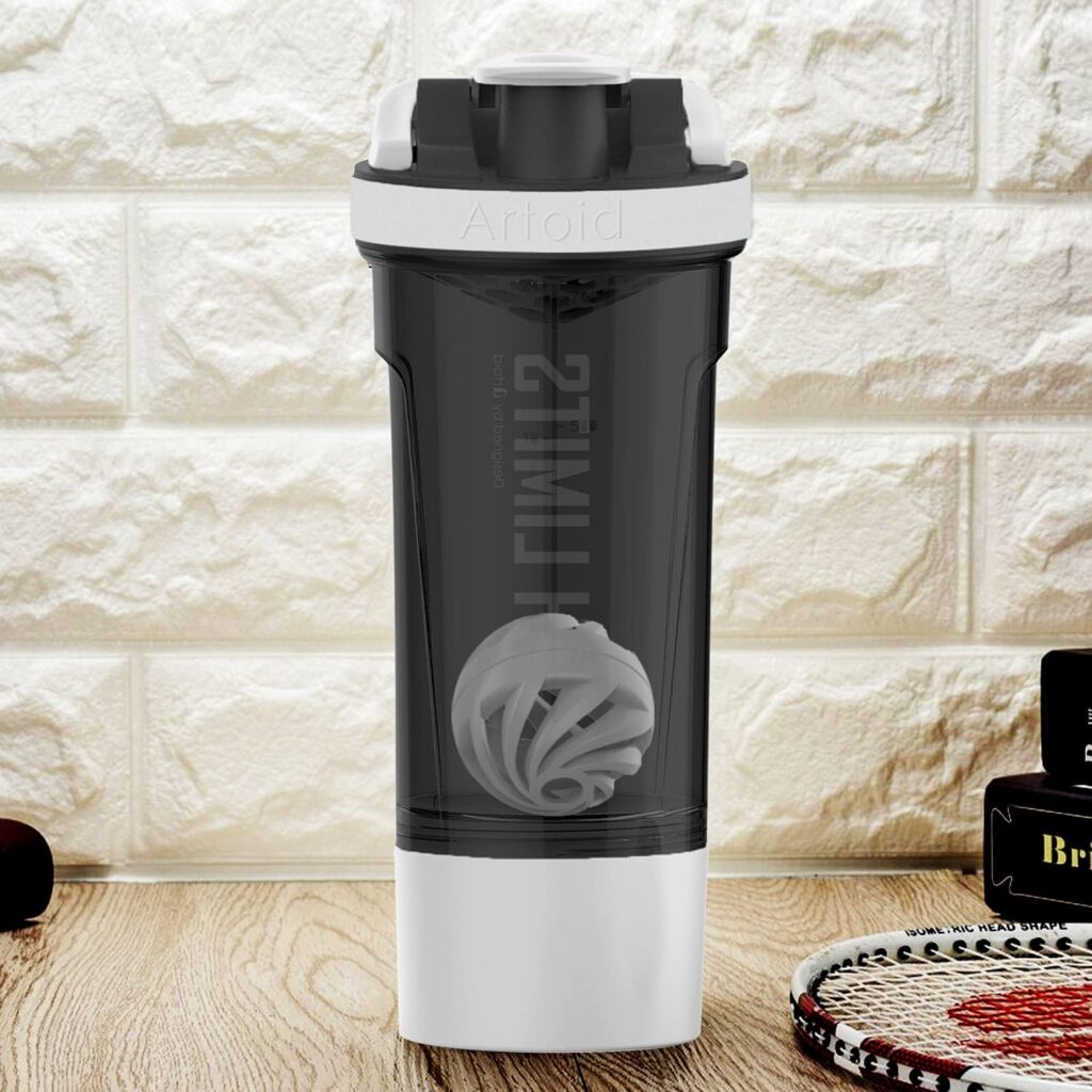 Artoid Mode 720ml Inspirational Sports Fitness Workout Protein Shaker Bottle with Twist and Lock Protein Box Storage, Dual Mixing Technology with Shaker Balls Mixing Grids - BPA Free