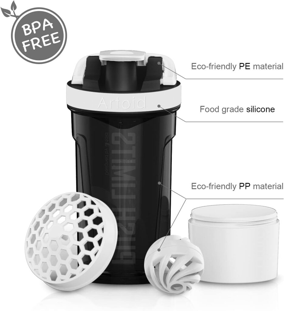 Artoid Mode 720ml Inspirational Sports Fitness Workout Protein Shaker Bottle with Twist and Lock Protein Box Storage, Dual Mixing Technology with Shaker Balls Mixing Grids - BPA Free
