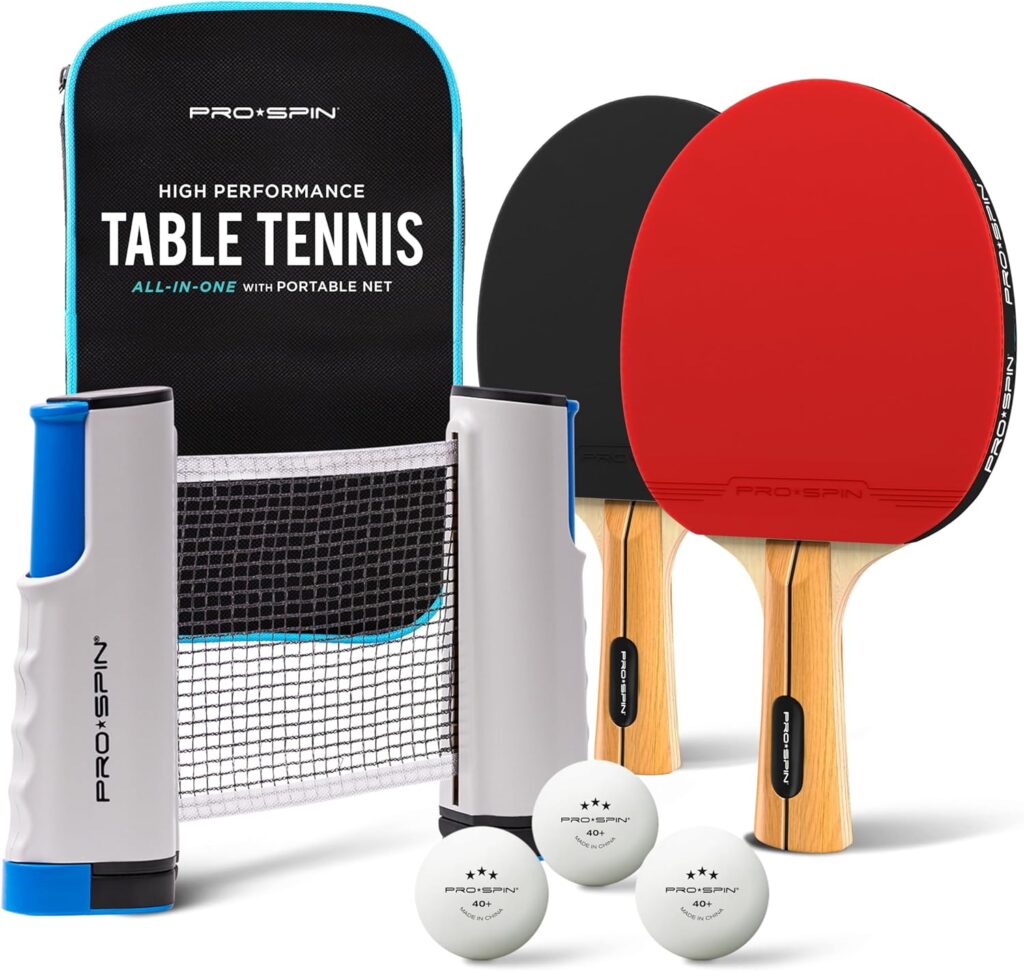 PRO-SPIN Portable Table Tennis Set | Premium All-in-One Kit with Retractable Table Tennis Net for Any Table, Bats, 3-Star Ping Pong Balls Storage Case | Great Gift Indoor/Outdoor Game