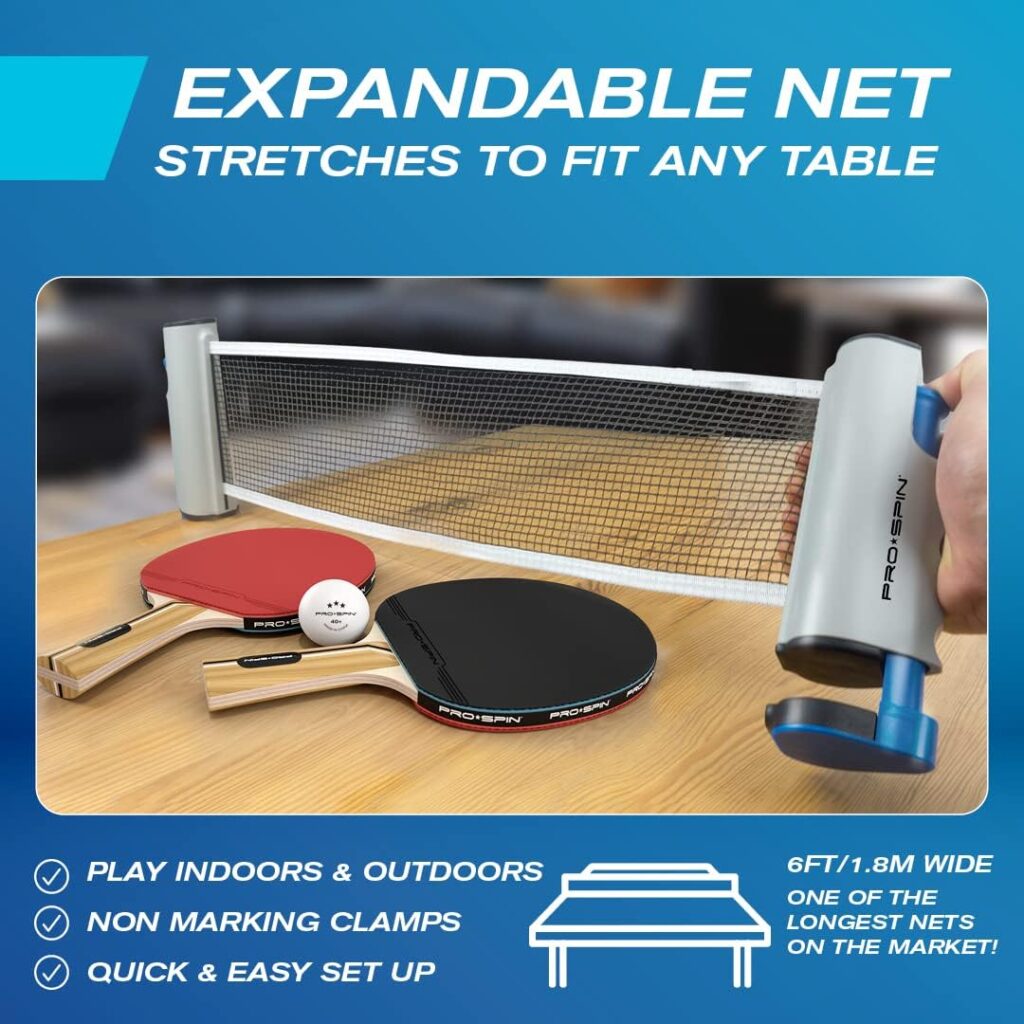 PRO-SPIN Portable Table Tennis Set | Premium All-in-One Kit with Retractable Table Tennis Net for Any Table, Bats, 3-Star Ping Pong Balls Storage Case | Great Gift Indoor/Outdoor Game