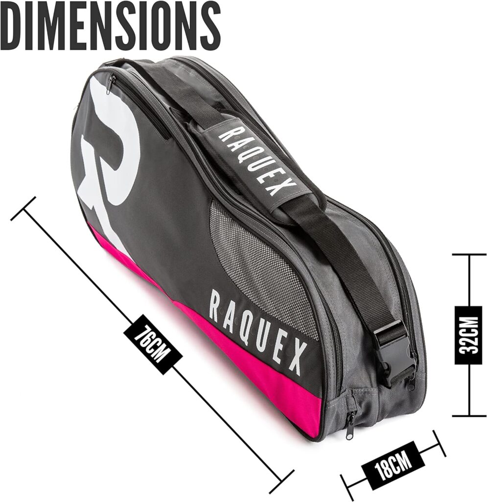 Raquex Tennis Bag - Racket Bag for Tennis, Badminton Squash Racquets. Blue, Black or Pink. Holds up to 6 Racquets + Accessories + Shoes
