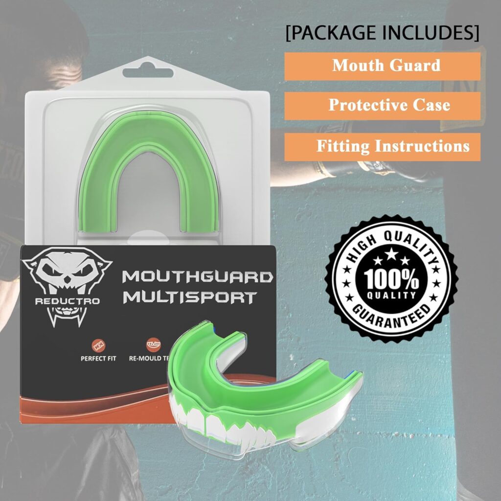 Reductro Mouthguard Slim Fit, Adults and Junior Sports Gum Shield Mouth Guard with case for Boxing, MMA, Rugby, Hockey, Karate, Judo and All Contact Sports. Fitting Technology. (Green White)