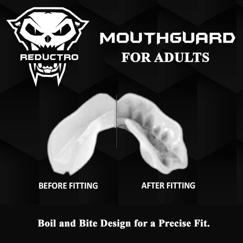 Reductro Mouthguard Slim Fit, Adults and Junior Sports Gum Shield Mouth Guard with case for Boxing, MMA, Rugby, Hockey, Karate, Judo and All Contact Sports. Fitting Technology. (Green White)