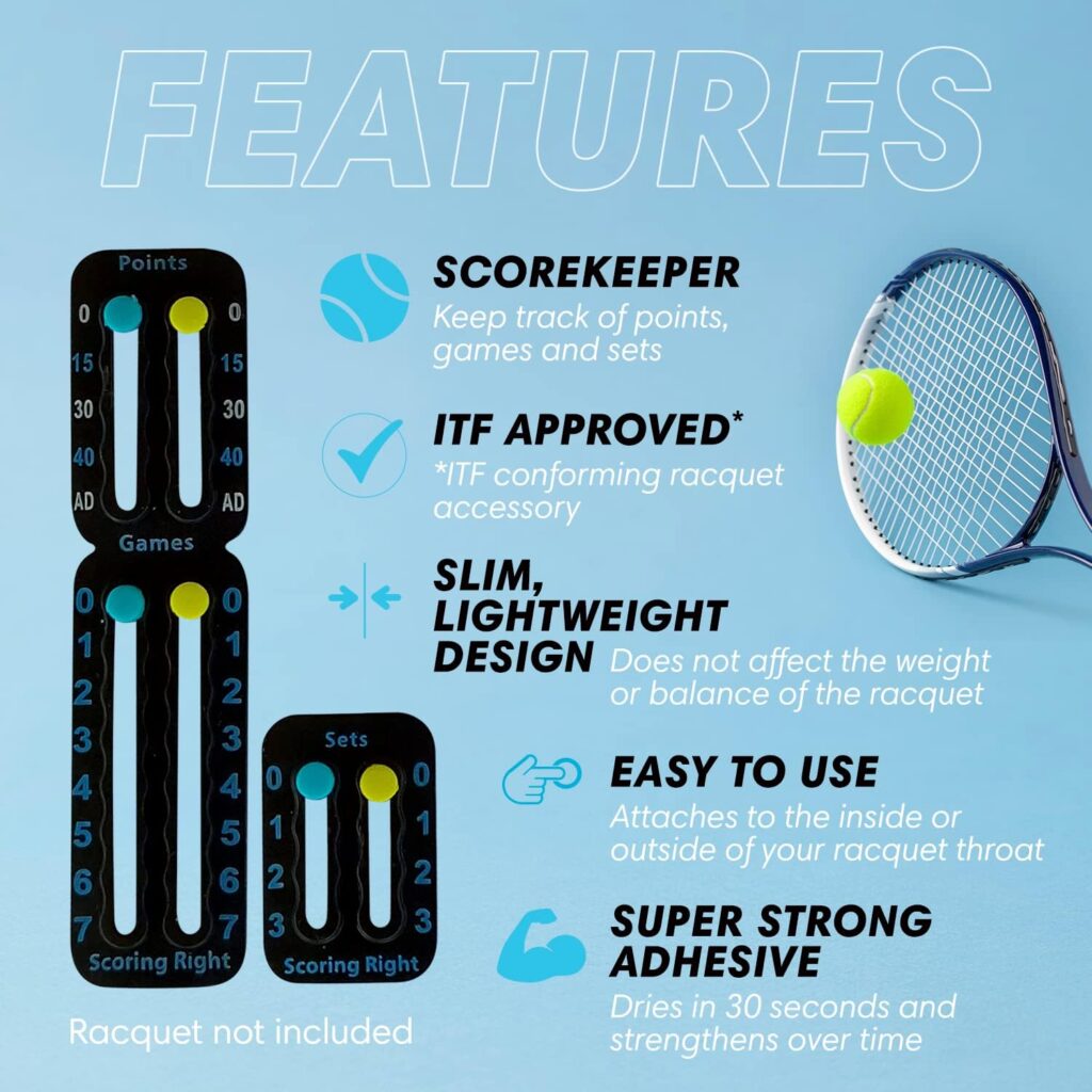 Scoring Right Portable Tennis Racquet and Paddle Scorekeeper – Easily Mounted Score Board to Keep Score of Points, Games, and Sets - ITF Conforming and Lightweight - Weighs 1.9g