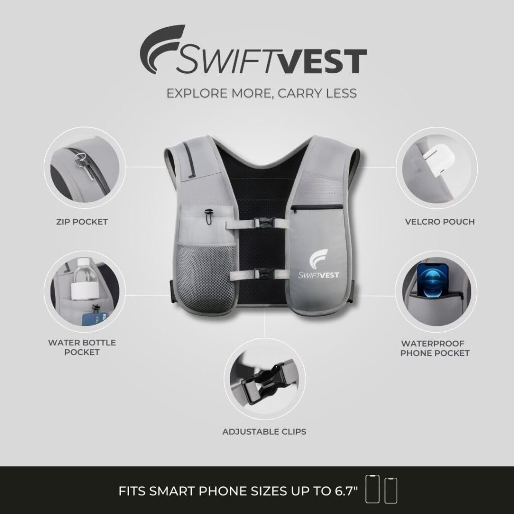 SWIFTVEST Running Phone Holder Vest | Waterproof Phone Pouch | Reflective Hydration Vest | Adjustable Waistband | Water Bottle Holder | Lightweight | 6 Pockets for Running Accessories - Men Women