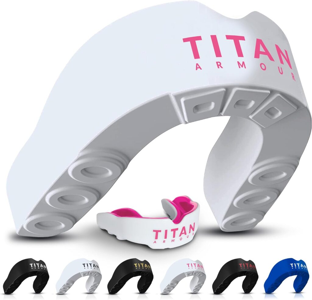 Titan Armour® Gum Shield w/Dual-Layer Technology | Adults Junior Custom-Fit Mouth Guard | Case Inc | Boil Bite Mouthguard: Boxing, Rugby, MMA, Hockey All Contact Sports | UK Brand Age 11+ Pink