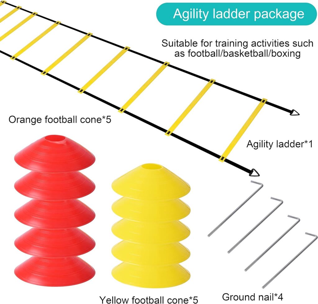 YSBER Agility Ladder Football Training Equipment Set 6M-12-Heavy Plastic Ladder,10 Disc Cones and 4 Nail, Used for Football Training, Tennis and Boxing Training