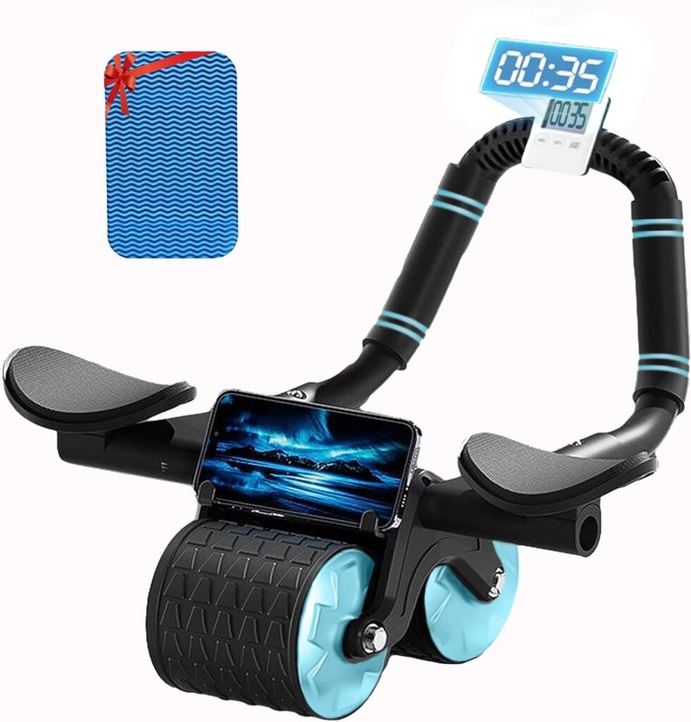 2023 New with Timer Abs Roller Wheel, Abdominal Exercise Roller Elbow Support core Exercise Equipment, Automatic Rebound Abdominal Wheel with Knee Mat for Fitness Trainer Home Gym