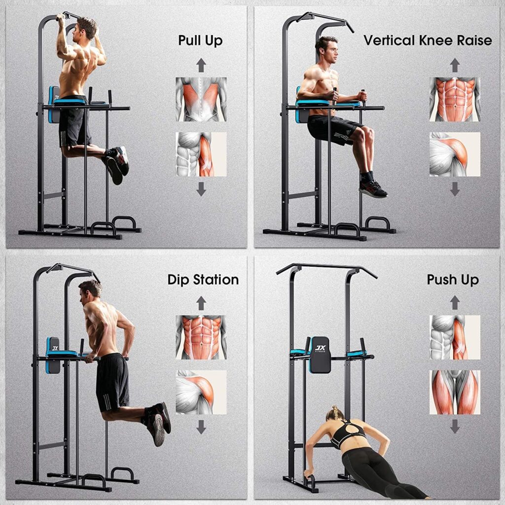 JX FITNESS Power Tower Adjustable Dip Station Pull up Bar Push Up Workout Abdominal Exercise Home Gym Tower Body Building