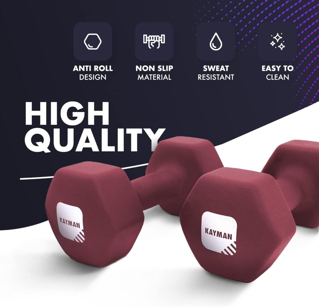 KAYMAN Neoprene Dumbbell Pair with Anti-Slip Grip, Hex Edges, Water-Resistant Surface Workout Poster Guide - Weight Set for Home, Gym Fitness Training Equipment (1kg 2kg 3kg 4kg 5kg 6kg 8kg 10kg)