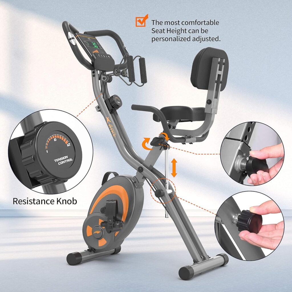 leikefitness Folding Stationary Bike Recumbent Exercise Bike w/Arm Resistance Bands-Pulse Sensor-LCD Monitor and Easy to Assemble Indoor Cycling Bike 2280