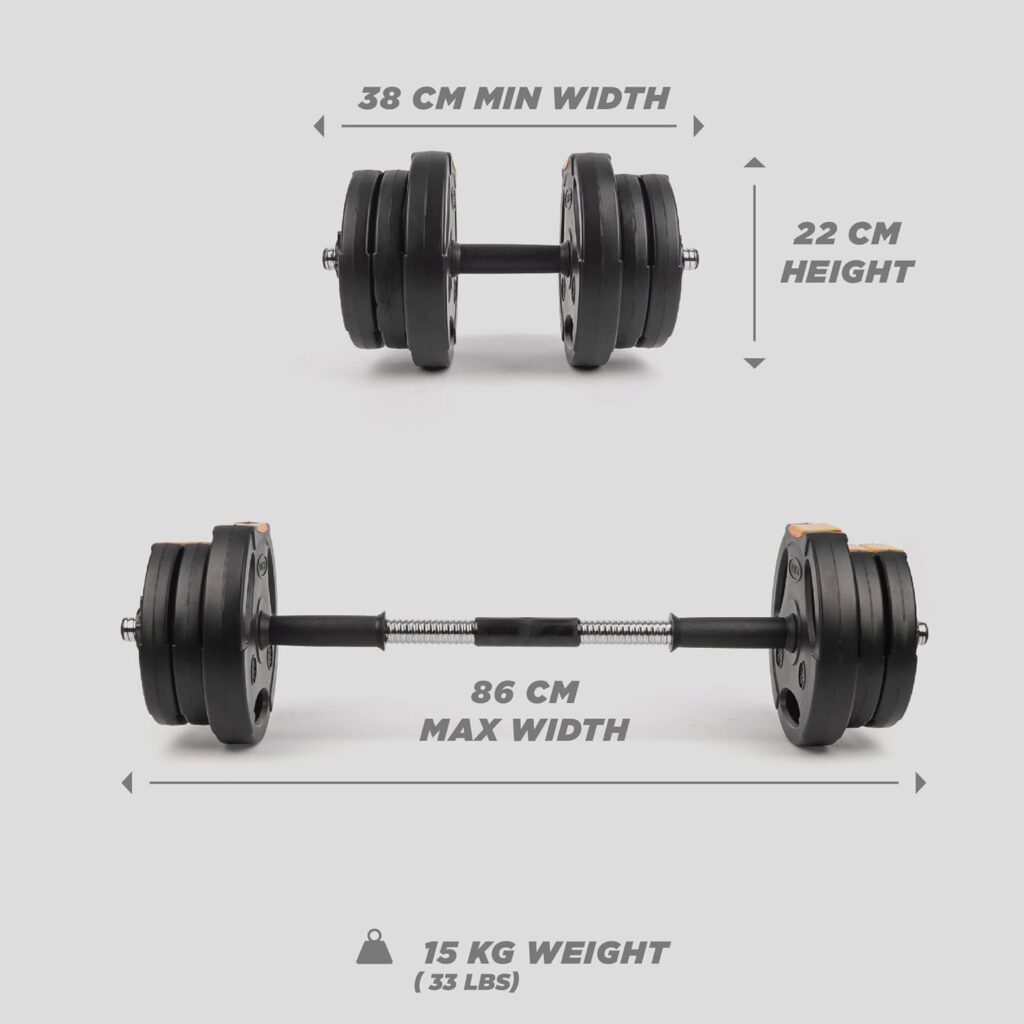 Phoenix Fitness Dumbbells Weight Set - Adjustable 2-in-1 Barbell Set for Exercise, Muscle and Strength Training - Weight: up to 15kg