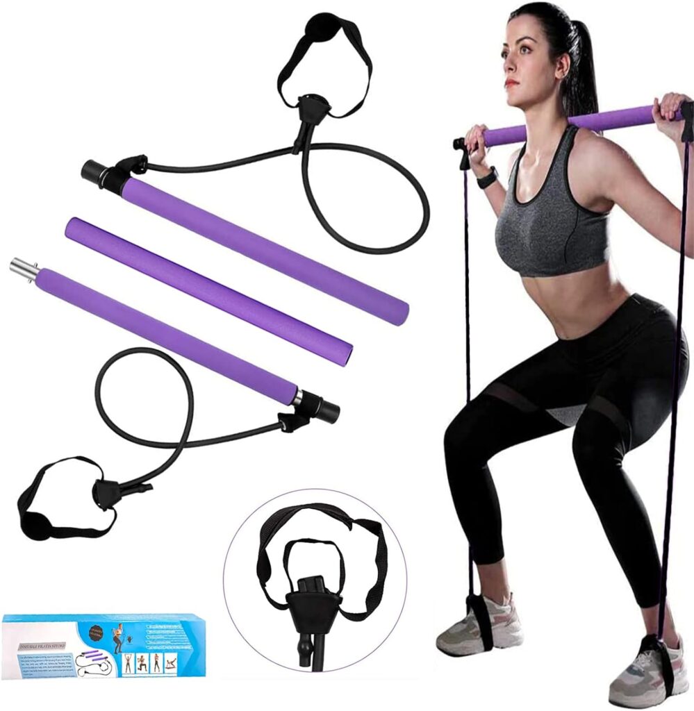 Pilates Bar Kit, Super Portable Yoga Exercise Pilate Stick Set with Resistance Band Foot Loop, Fitness equipment for Stretch Sculpt Twisting Sit-Up for Man Women Home Gym