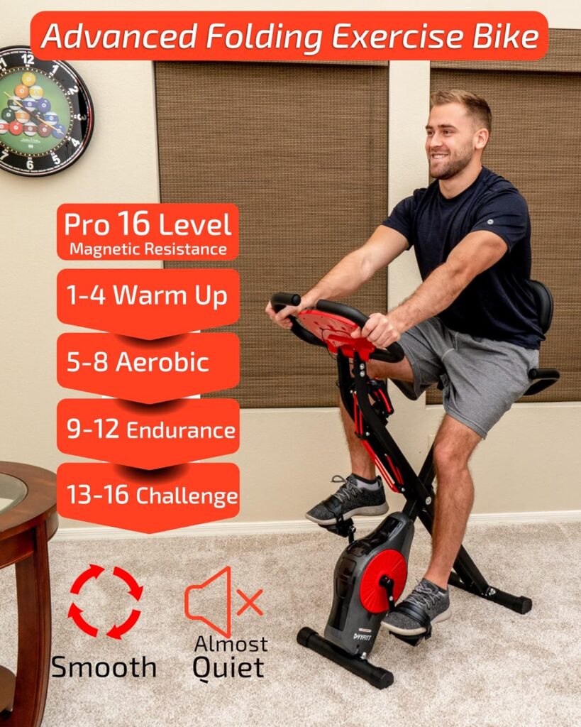 YYFITT Foldable Fitness Exercise Bike with Resistance Bands, 16 Magnetic Resistance Levels with Pulse Sensor, Phone/Tablet Holder with Smooth and Quiet Cycling